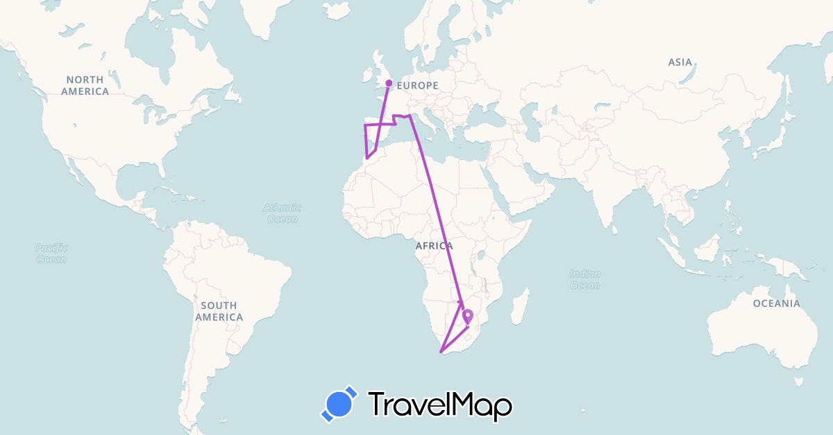 TravelMap itinerary: driving, train in Andorra, Botswana, Spain, France, United Kingdom, Morocco, Portugal, South Africa, Zambia (Africa, Europe)