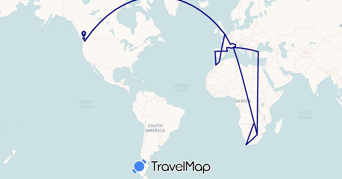 TravelMap itinerary: driving in Andorra, Botswana, Canada, Switzerland, Spain, France, United Kingdom, Italy, Morocco, Portugal, Turkey, United States, South Africa, Zambia (Africa, Asia, Europe, North America)